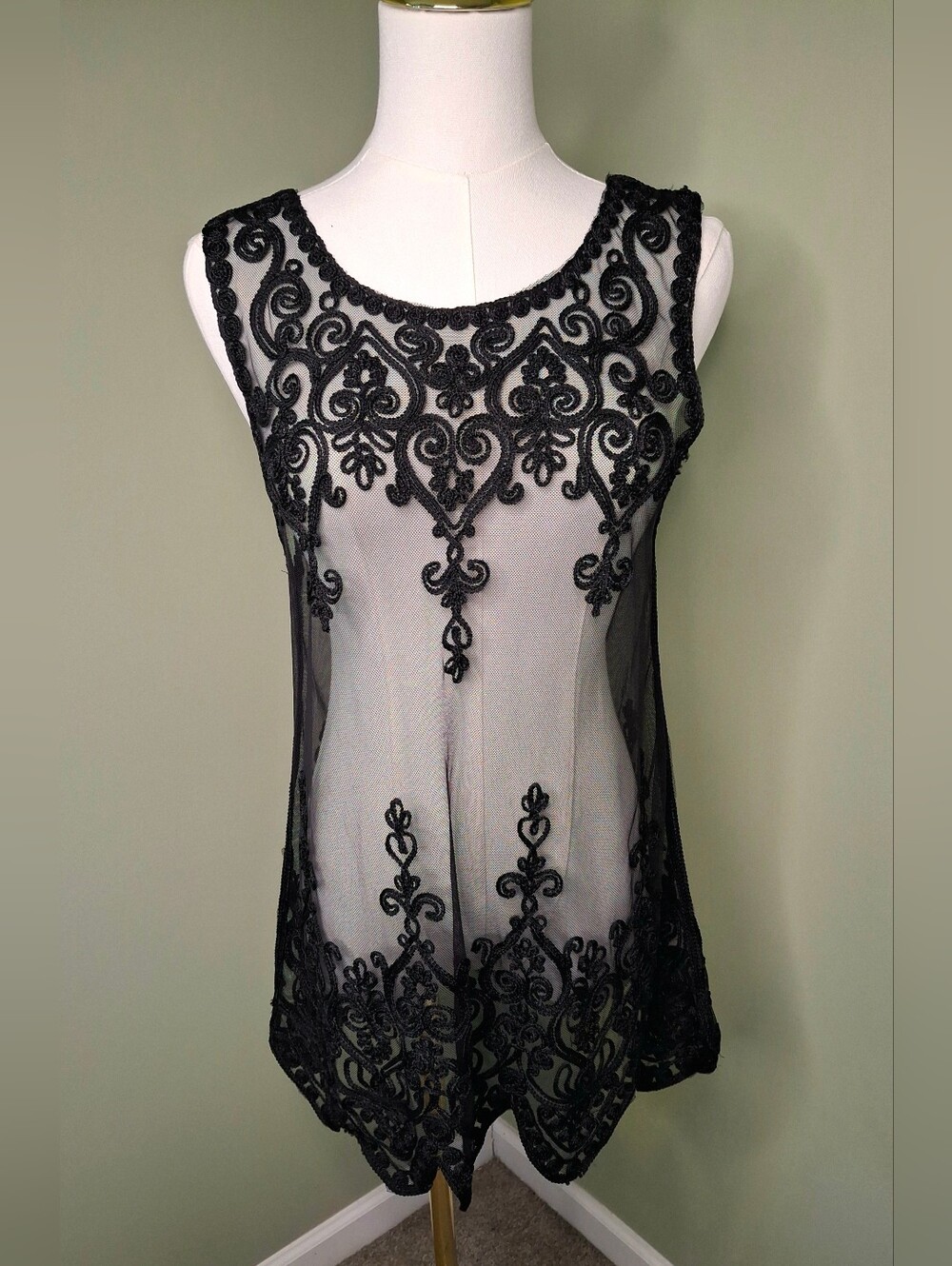 Black Sheer Embroidered Mesh Tunic Top Boho Gothic Handkerchief Hem S
